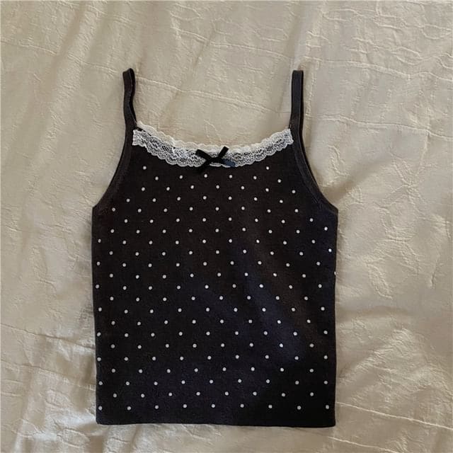 Dotted Lace Trim Bow Camisole Top - Black / One Size