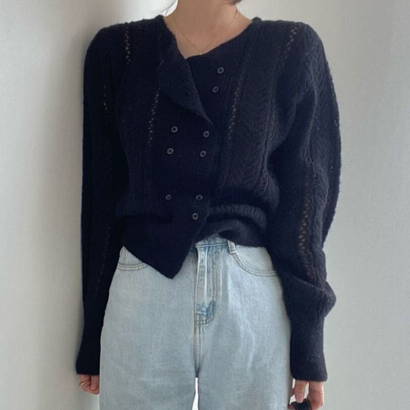 Double-Breasted Pointelle-Knit Cardigan