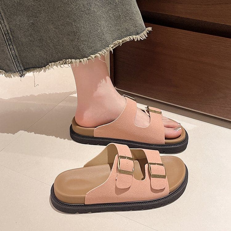 Double Buckle Plain Slide Sandals