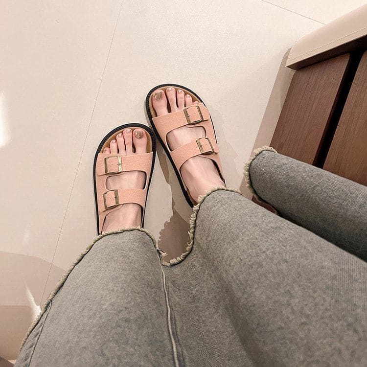 Double Buckle Plain Slide Sandals