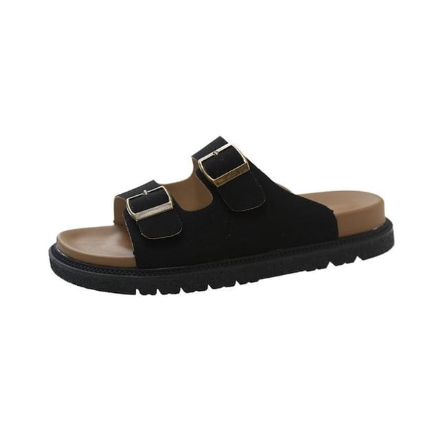 Double Buckle Plain Slide Sandals - Black / 35