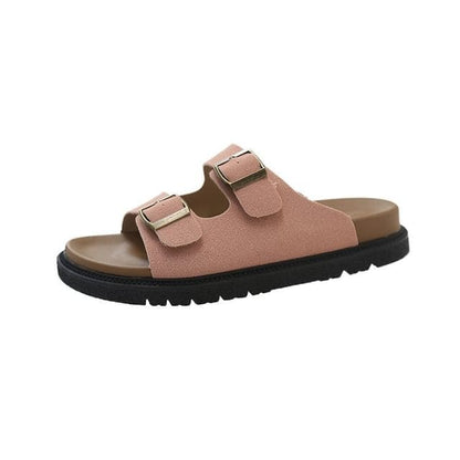 Double Buckle Plain Slide Sandals - Pink / 35