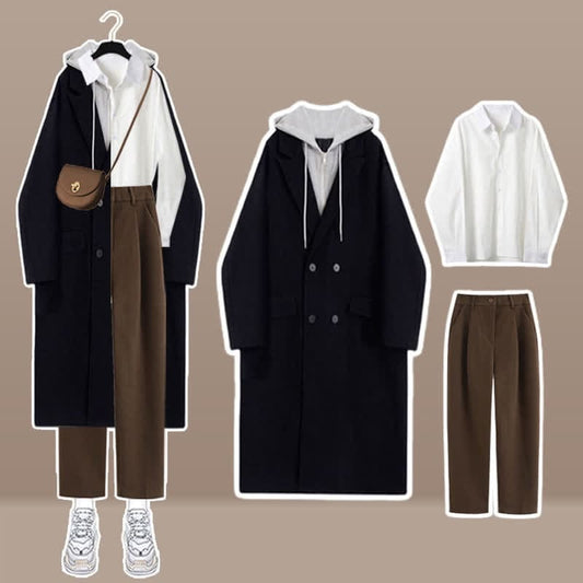 Double Button Hooded Coat Lapel Shirt Pants