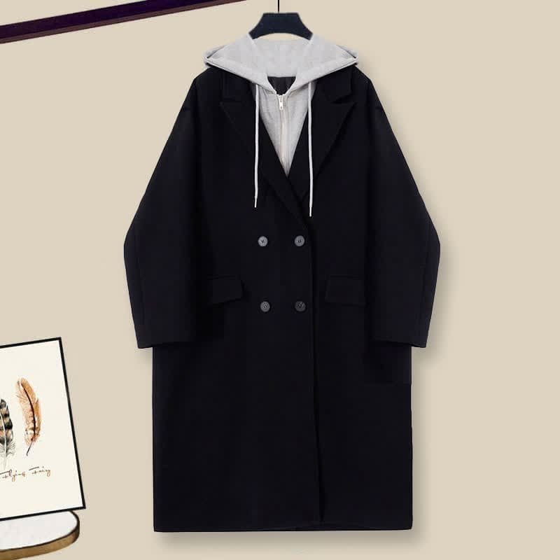 Double Button Hooded Coat Lapel Shirt Pants - Black Coat / M