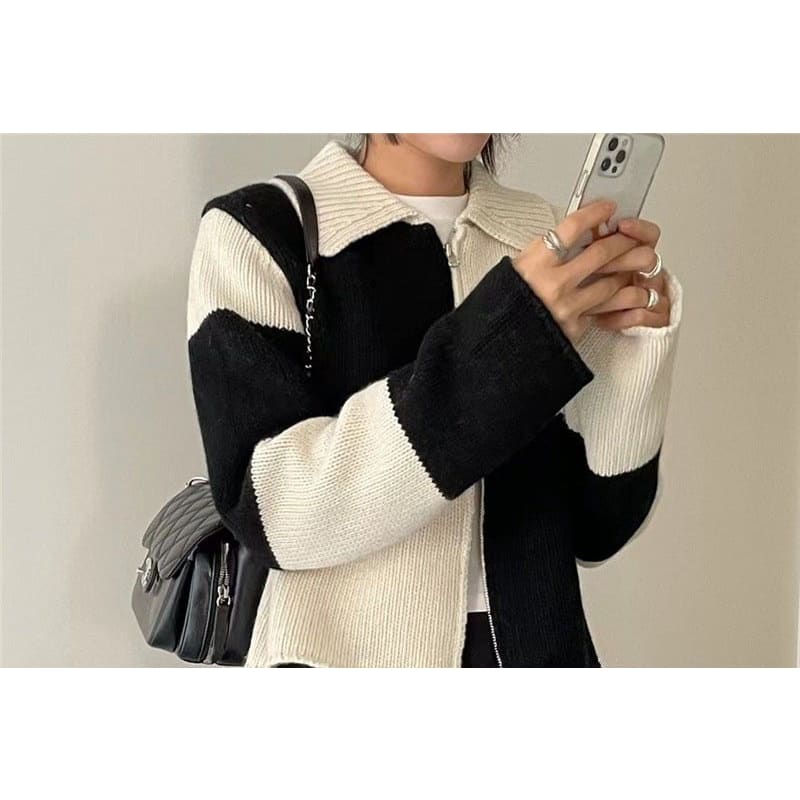 Double-Ended Zip Color Block Lattice Knit Cardigan