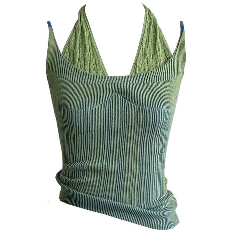 Double Layered Y2K Knit Halter Top - Free Size / Green