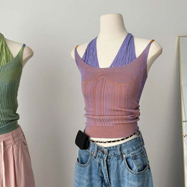 Double Layered Y2K Knit Halter Top - Tops