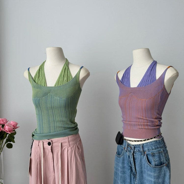 Double Layered Y2K Knit Halter Top - Tops