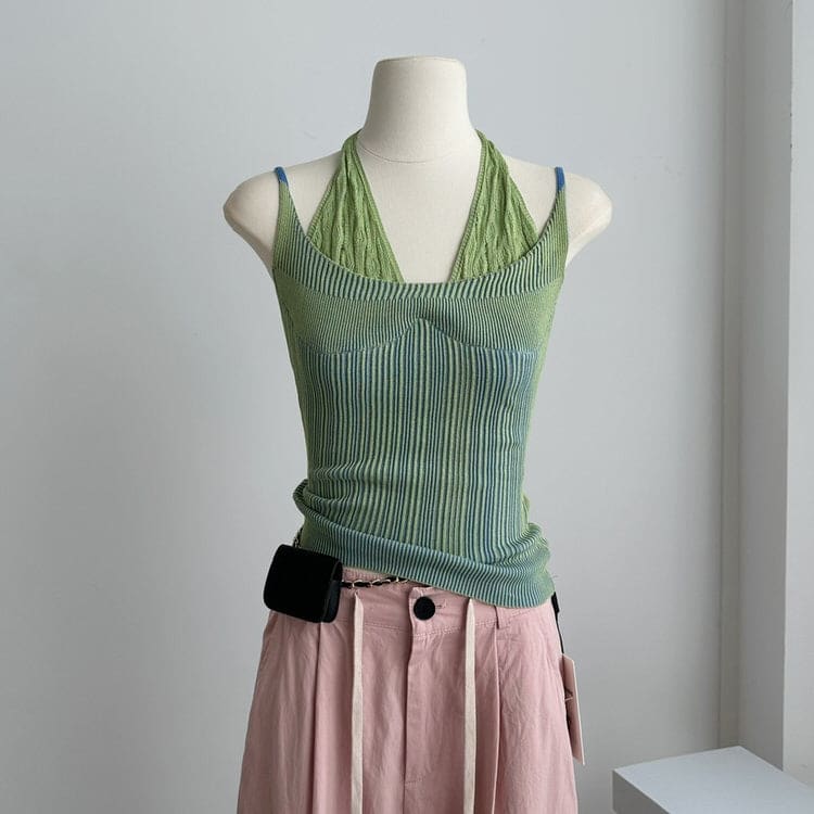 Double Layered Y2K Knit Halter Top - Tops