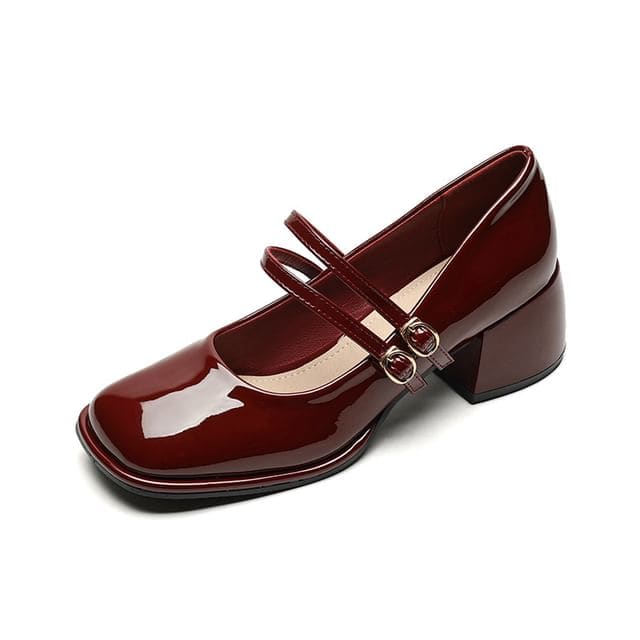 Double-Strap Chunky Heel Mary Jane Pumps - Wine Red / 34