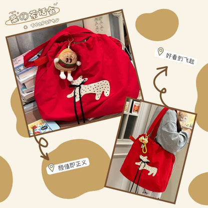 Drawstring Cartoon Applique Canvas Tote Bag