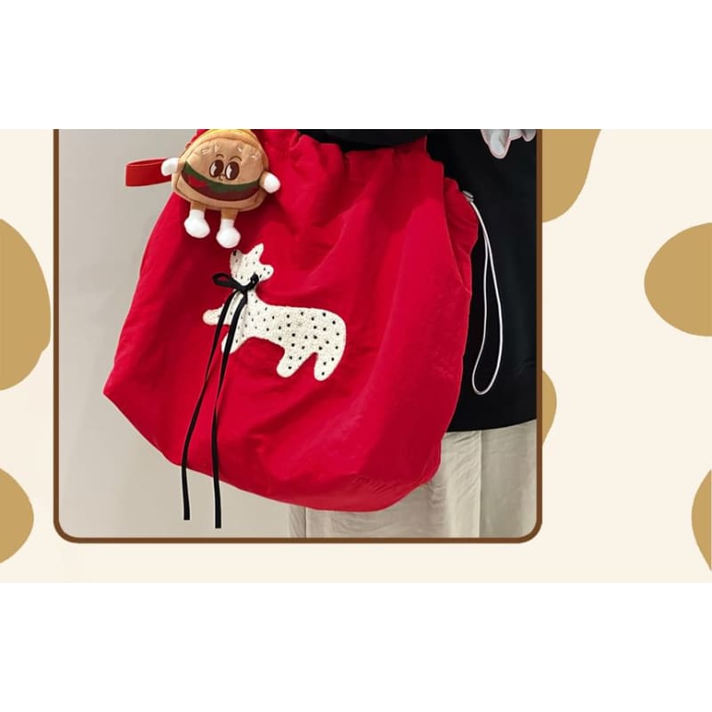 Drawstring Cartoon Applique Canvas Tote Bag