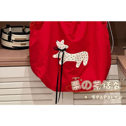 Drawstring Cartoon Applique Canvas Tote Bag