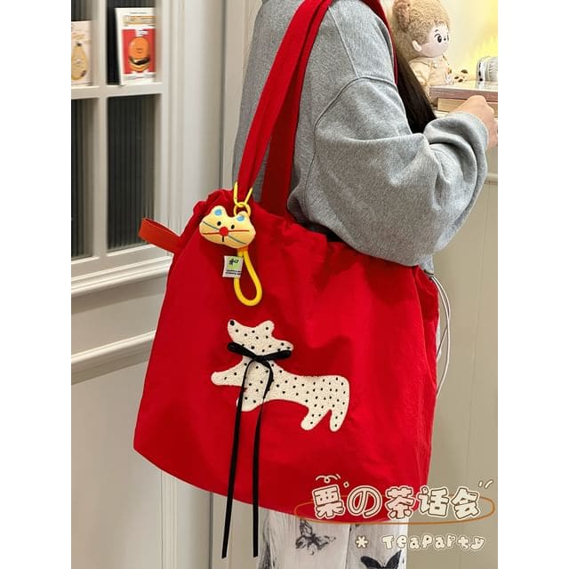 Drawstring Cartoon Applique Canvas Tote Bag - With Cat