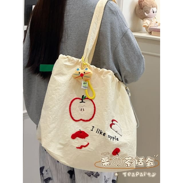 Drawstring Cartoon Applique Canvas Tote Bag - With Cat