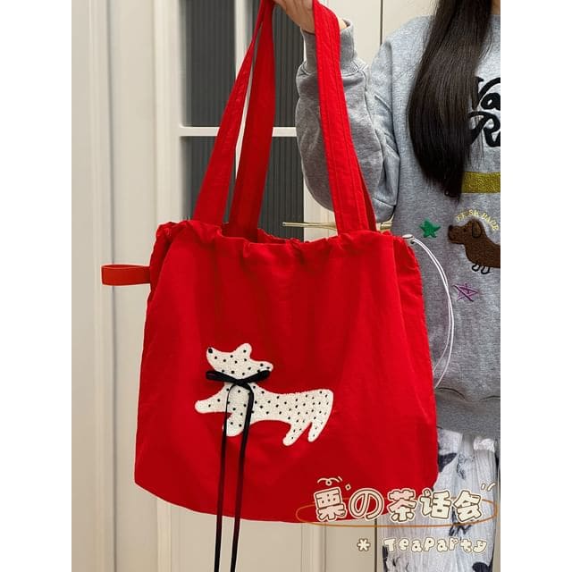 Drawstring Cartoon Applique Canvas Tote Bag - Without Charm