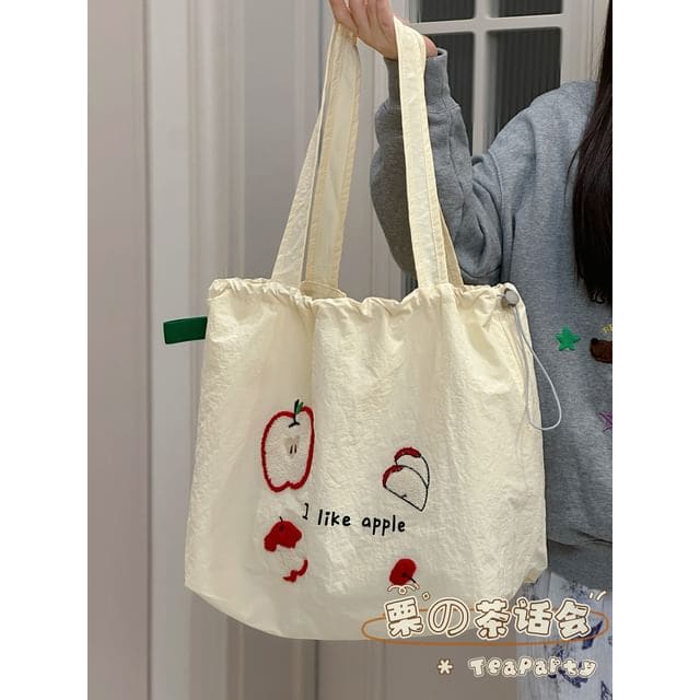 Drawstring Cartoon Applique Canvas Tote Bag - Without Charm