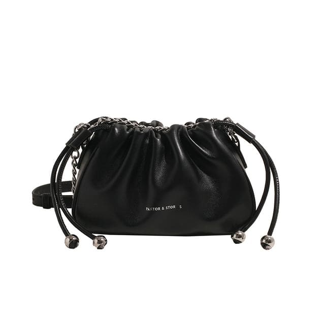 Drawstring Chain Crossbody Bag - Black / One Size