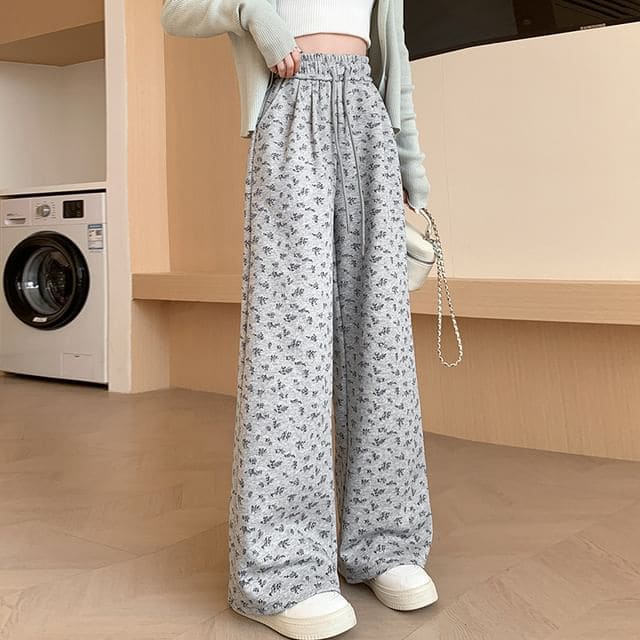 Drawstring Waist Floral Wide Leg Sweatpants - Gray / S