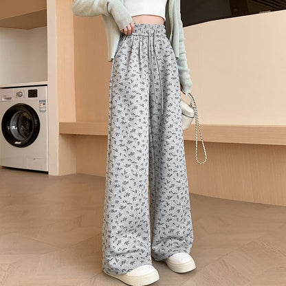 Drawstring Waist Floral Wide Leg Sweatpants - Pants