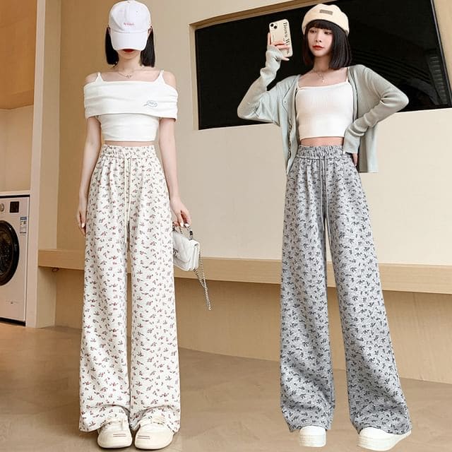 Drawstring Waist Floral Wide Leg Sweatpants - Pants