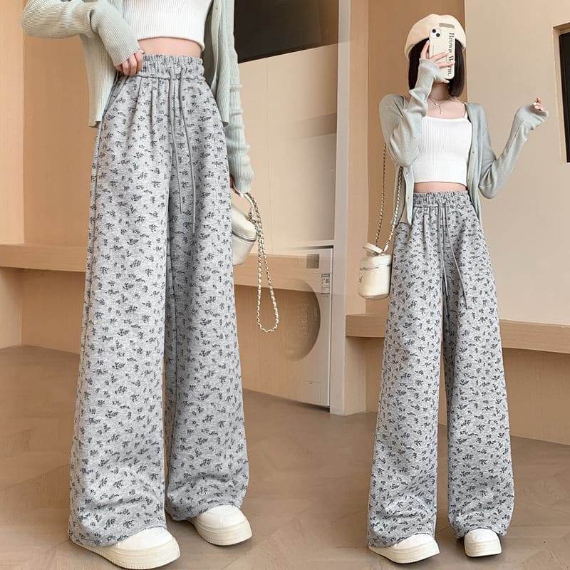 Drawstring Waist Floral Wide Leg Sweatpants - Pants