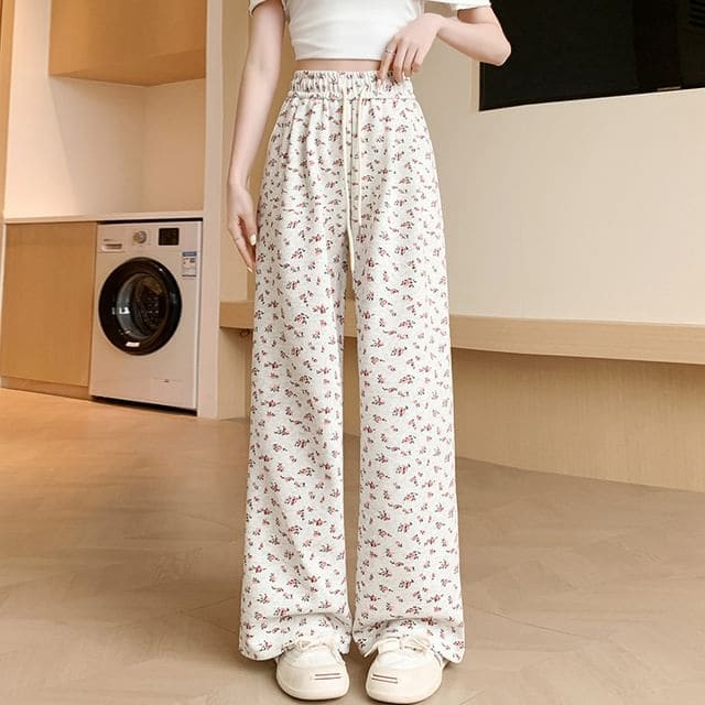 Drawstring Waist Floral Wide Leg Sweatpants - White / S