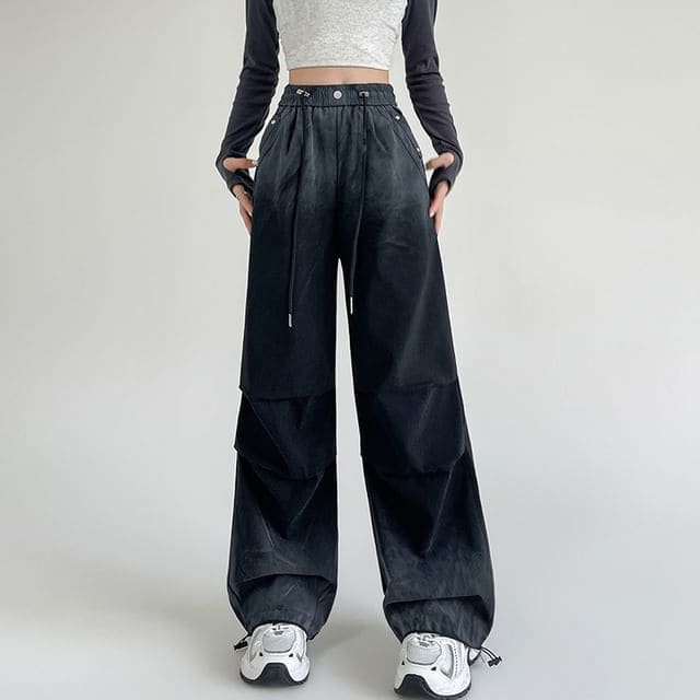 Drawstring Waist Gradient Wide Leg Pants - Black / S