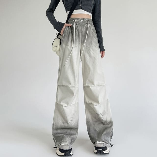 Drawstring Waist Gradient Wide Leg Pants - White / S