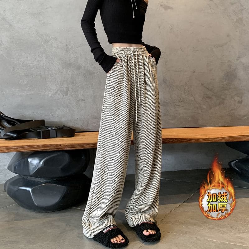 Drawstring Waist Patterned Fleece-Lined Wide Leg Pants