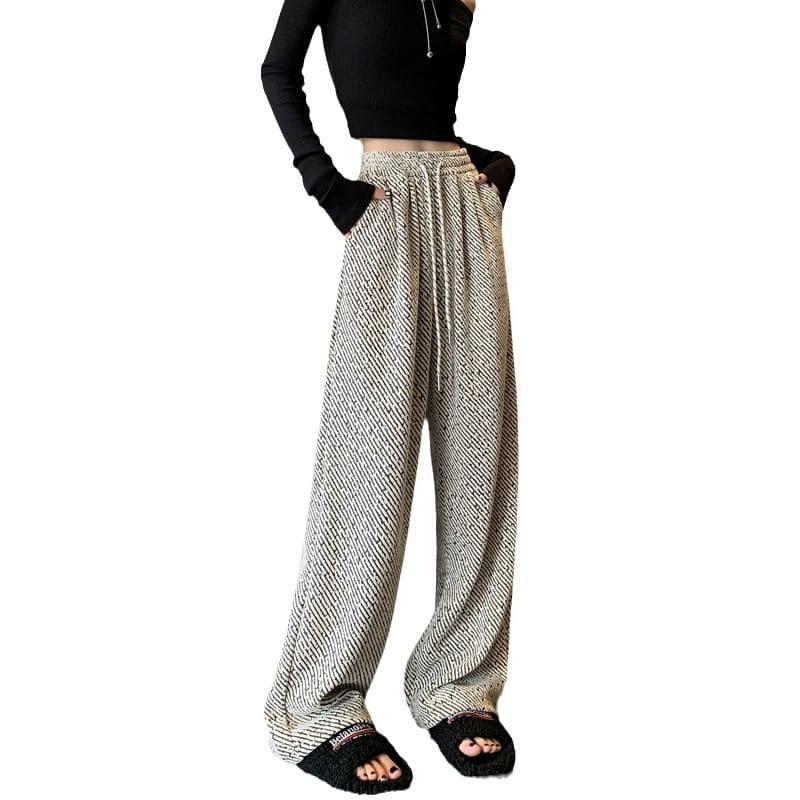 Drawstring Waist Patterned Fleece-Lined Wide Leg Pants