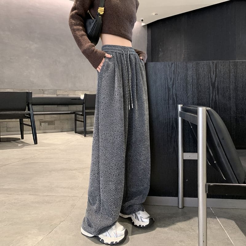 Drawstring Waist Patterned Fleece-Lined Wide Leg Pants