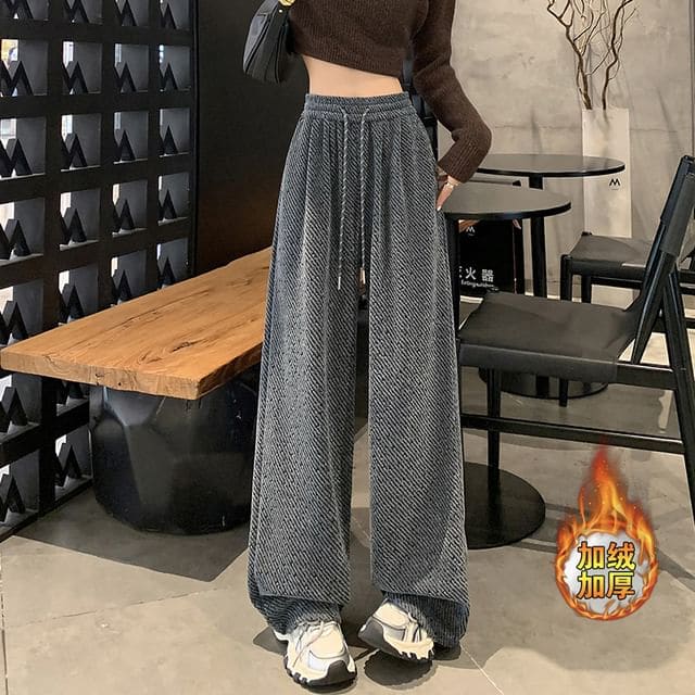 Drawstring Waist Patterned Fleece-Lined Wide Leg Pants