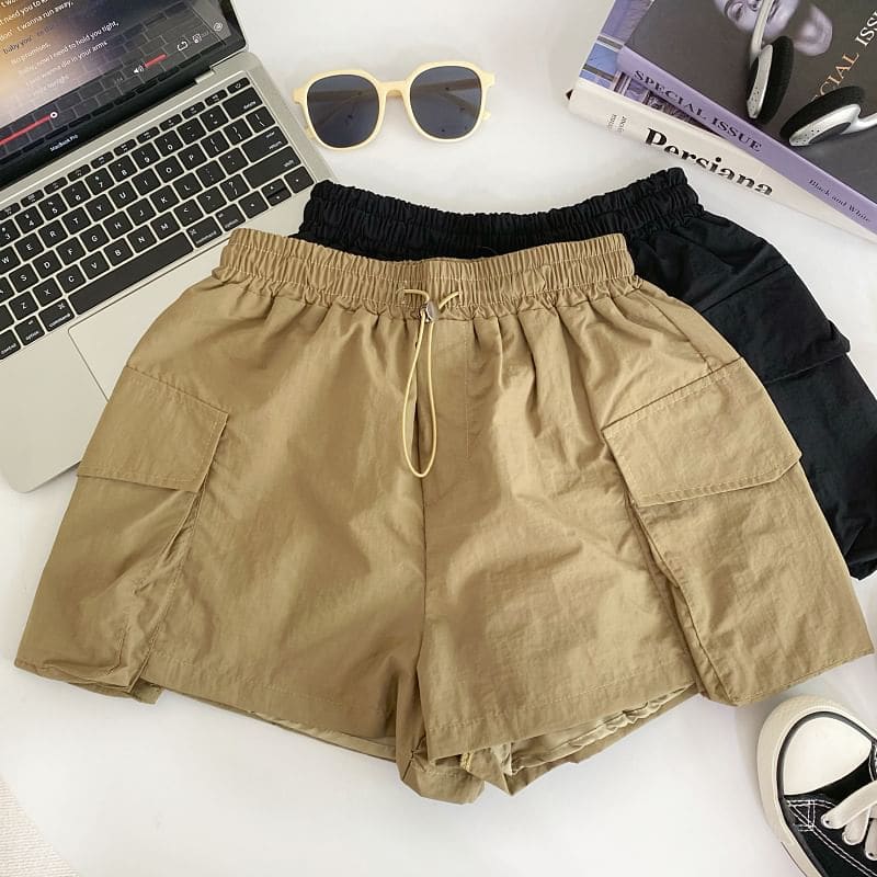 Drawstring Waist Plain Cargo Shorts