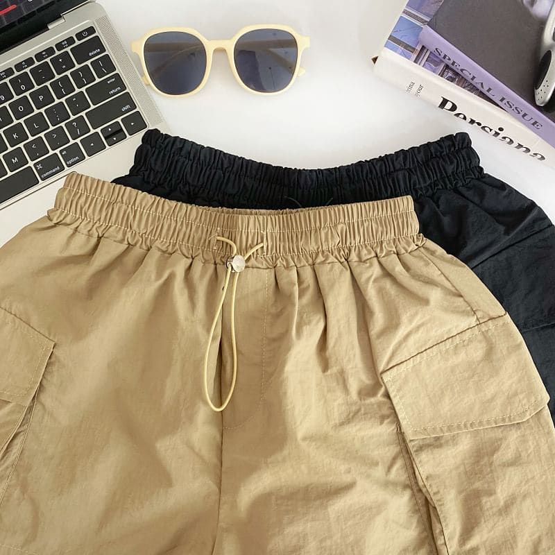 Drawstring Waist Plain Cargo Shorts