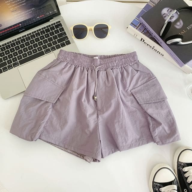 Drawstring Waist Plain Cargo Shorts - Light Purple / S