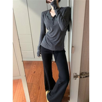 Drawstring Waist Plain Flared Sweatpants - Black / S