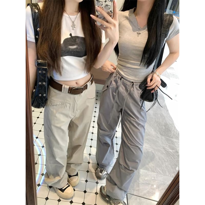 Drawstring Waist Plain Loose Fit Cargo Pants