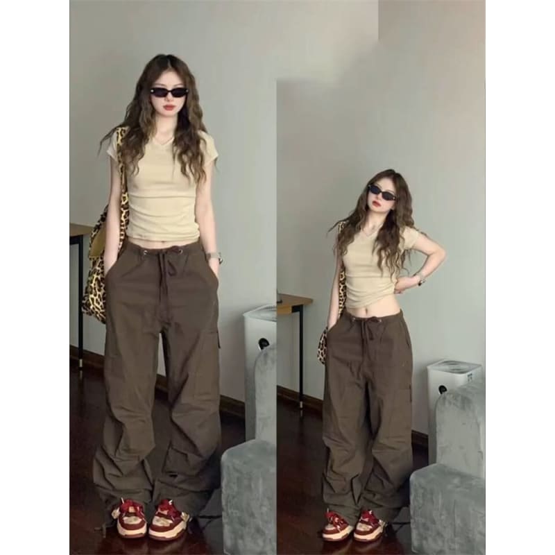 Drawstring Waist Plain Ruched Wide Leg Pants