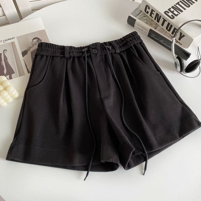 Drawstring Waist Plain Shorts - Black / S