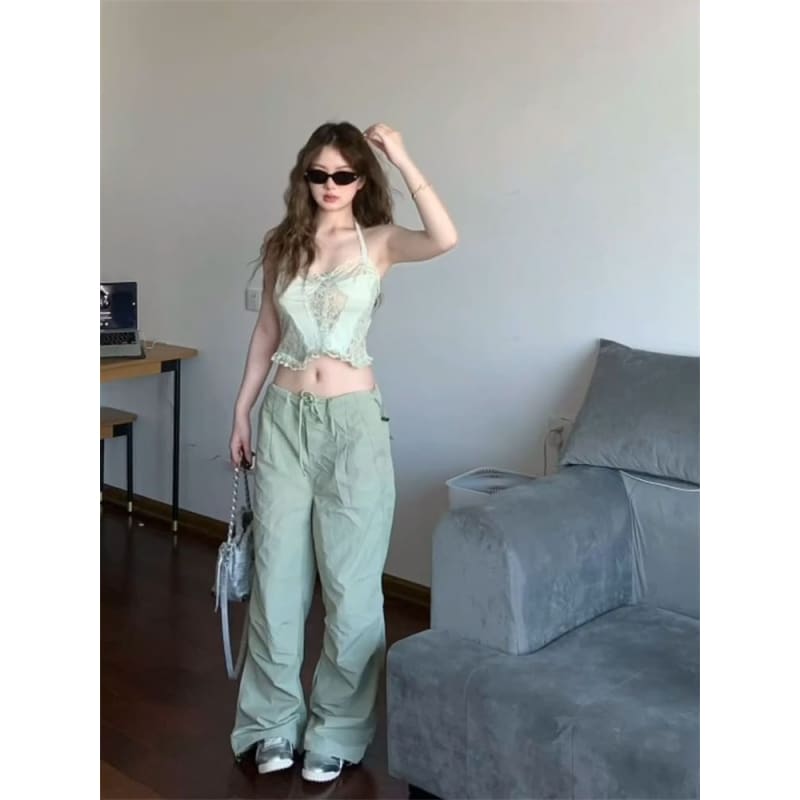 Drawstring Waist Plain Wide Leg Cargo Pants