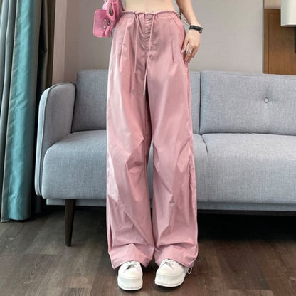 Drawstring Waist Plain Wide Leg Cargo Pants