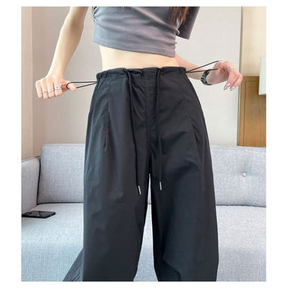 Drawstring Waist Plain Wide Leg Cargo Pants