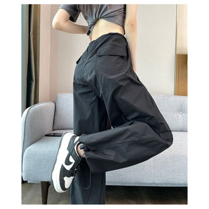 Drawstring Waist Plain Wide Leg Cargo Pants