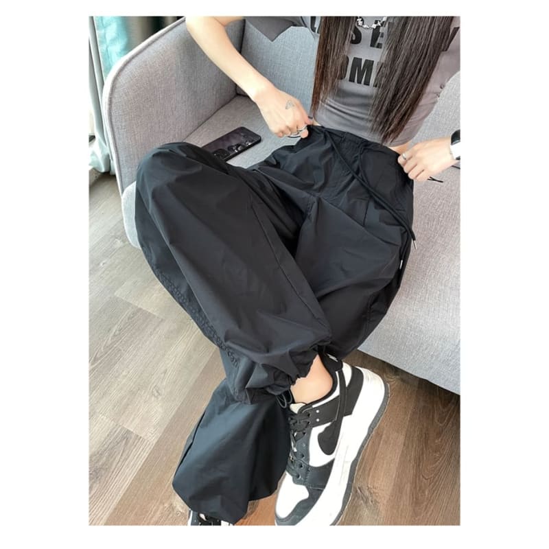 Drawstring Waist Plain Wide Leg Cargo Pants