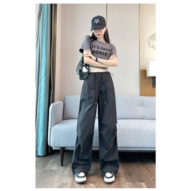 Drawstring Waist Plain Wide Leg Cargo Pants - Black / XS