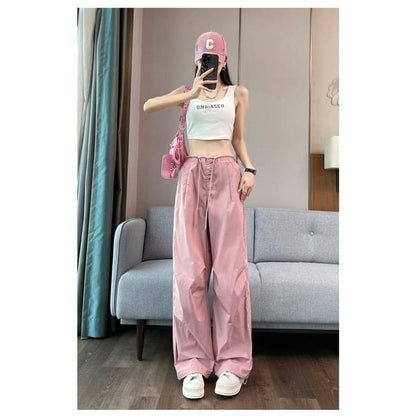 Drawstring Waist Plain Wide Leg Cargo Pants - Pink / XS