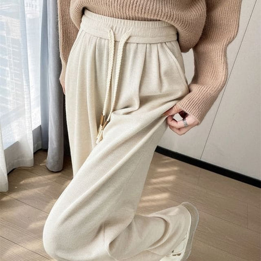 Drawstring Waist Plain Wide Leg Knit Pants