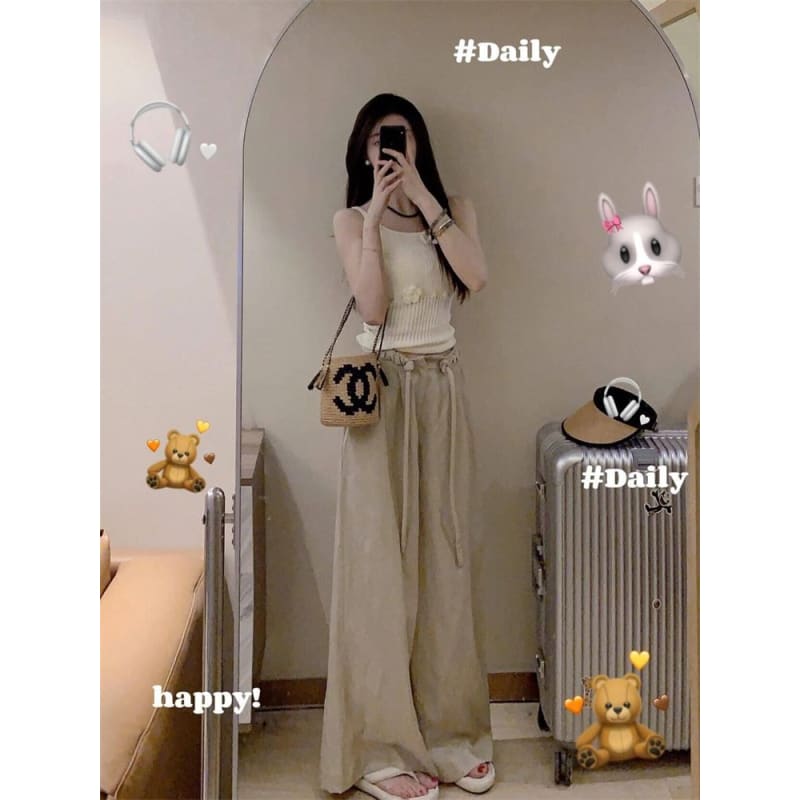 Drawstring Waist Plain Wide Leg Pants