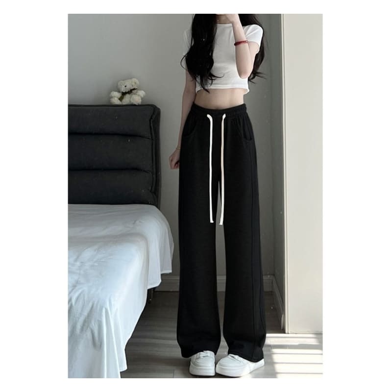 Drawstring Waist Plain Wide Leg Sweatpants